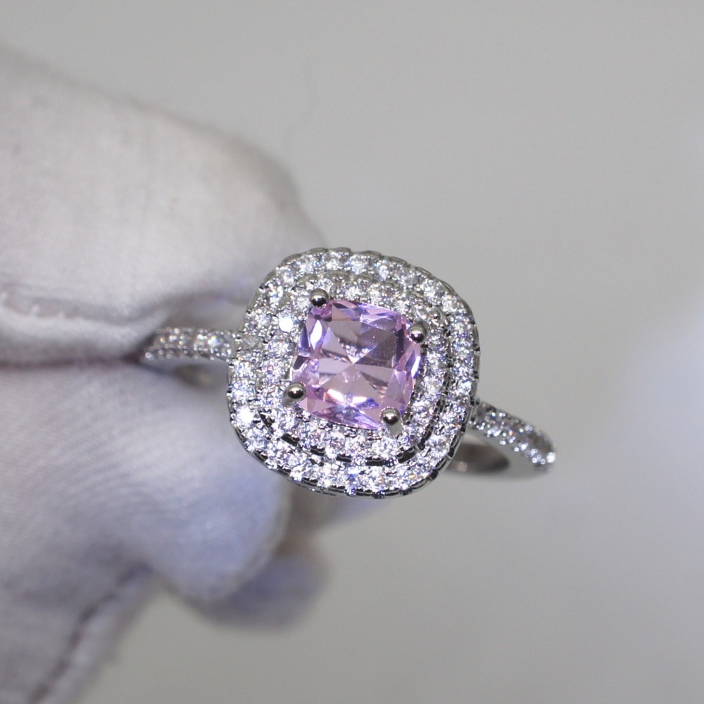 NEW Silver Pink Sapphire Double Halo Diamond Ring - Picture 2 of 4